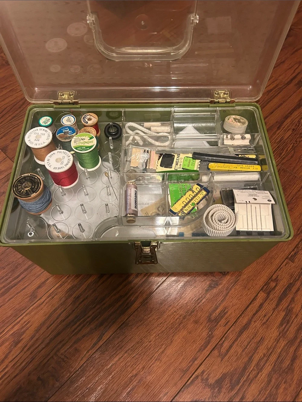 Vgt Olive Green sewing Box with Clear Lid w all contents shown.